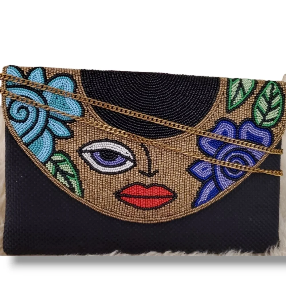 Beaded DAVID JEFFREY Multicolor Floral Face Evening Clutch, Gold Crossbody Chain - Picture 5 of 12